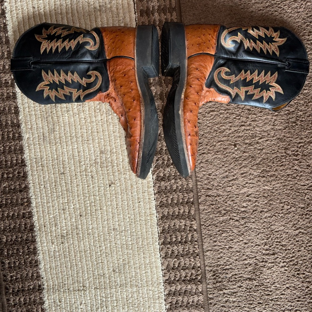 Justin Boots Brown Ostrich Toe Black Embroidered Shaft Western Boots - Picture 3 of 5